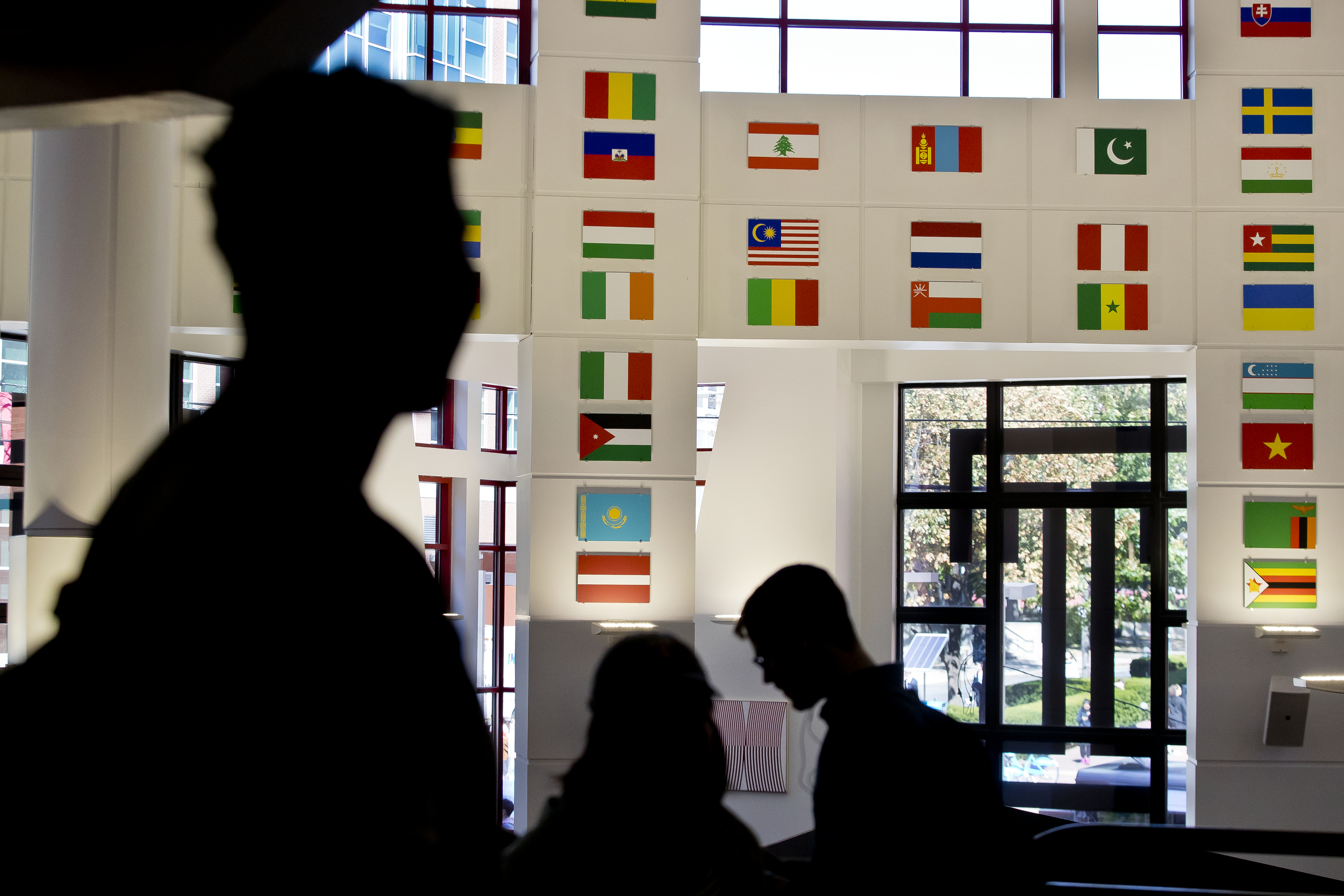 Students silhouetted against the global flags in the student center