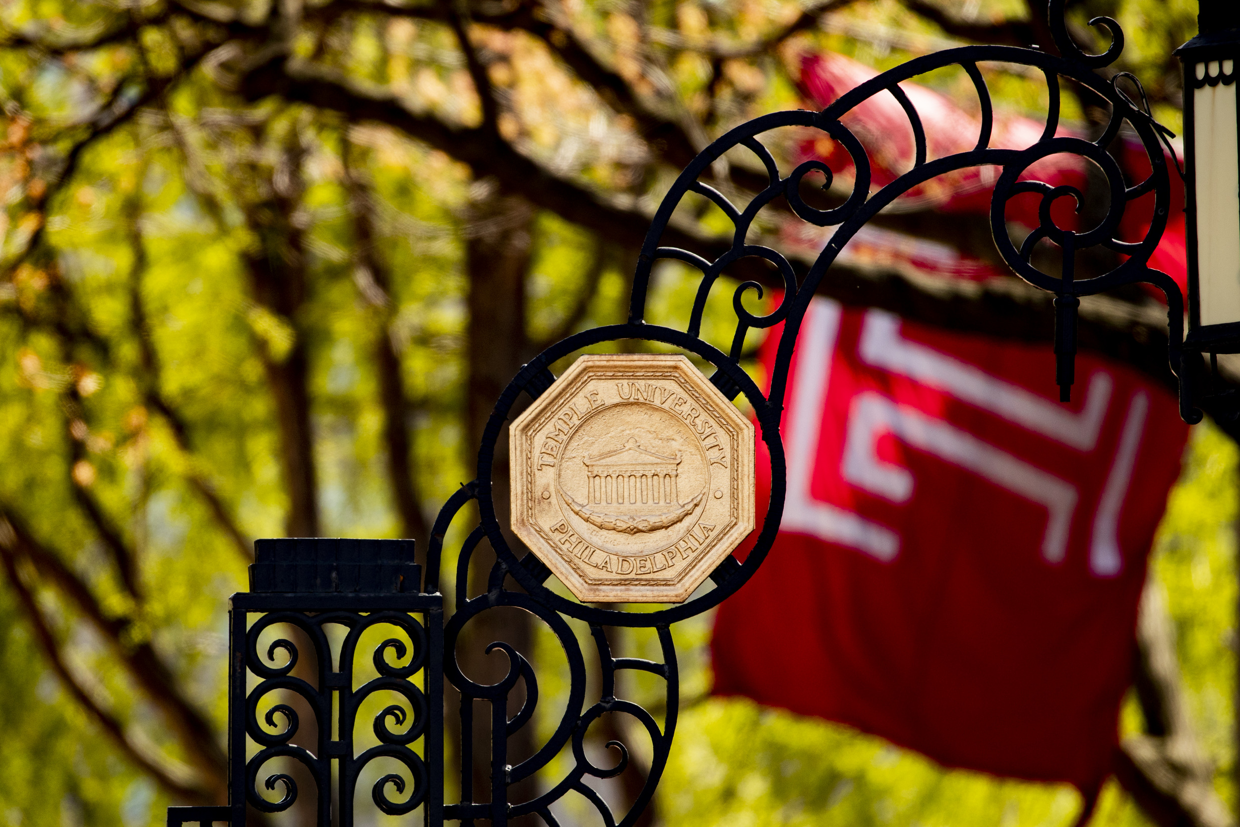 University Seal on Polett Walk Gate and Temple T Flag