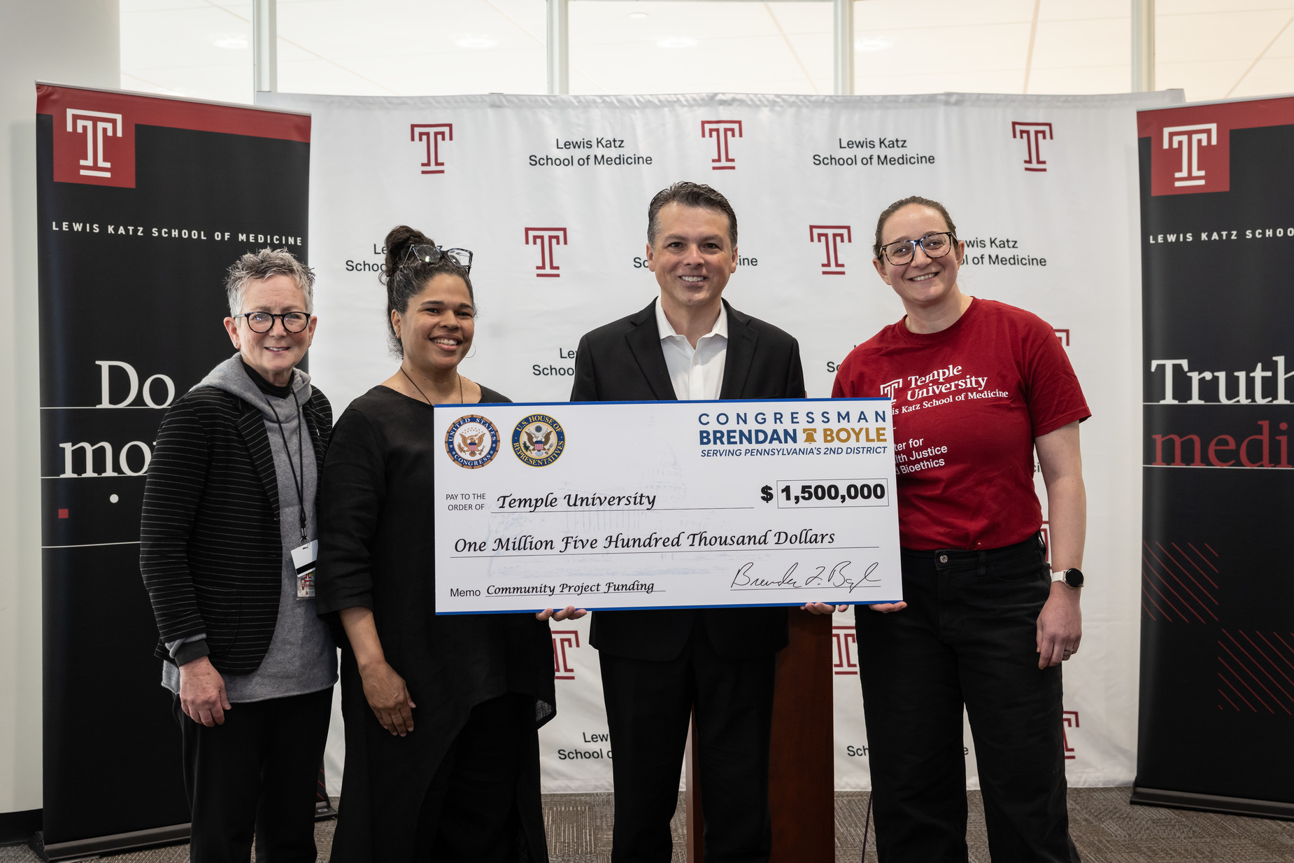 Congressman Brendan Boyle is pictured with Temple leadership Dean Amy Goldberg, Mary Beth Hays and Nicolle Strand