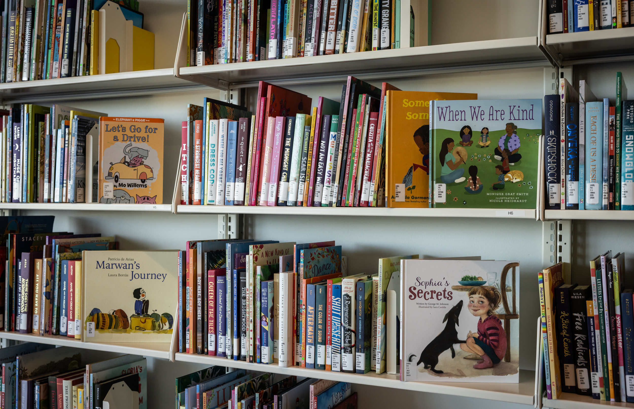 Children's books on shelves in Charles Library