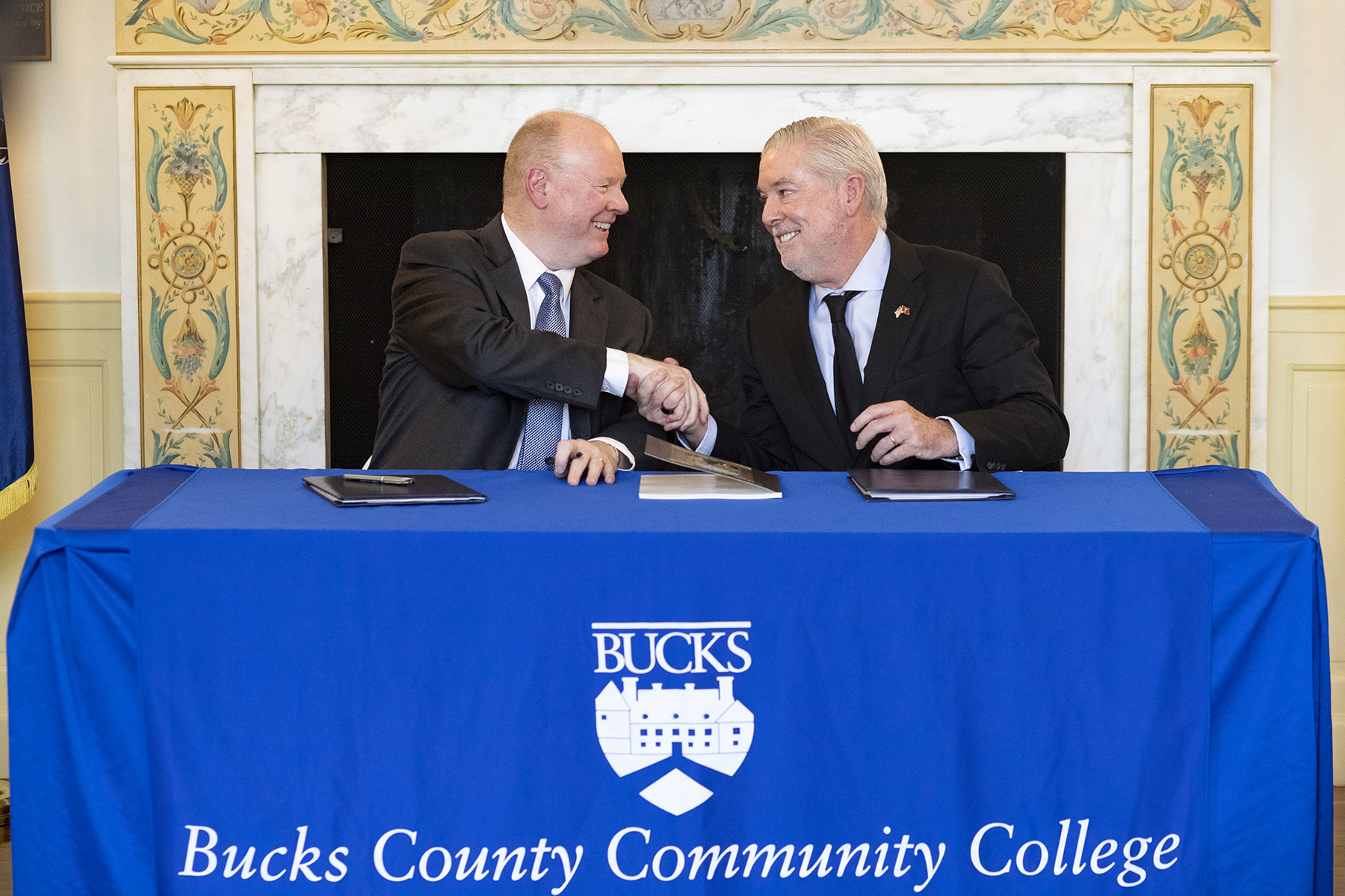 Bucks County Community College President and CEO Patrick M. Jones (left) and Temple President John Fry (right)