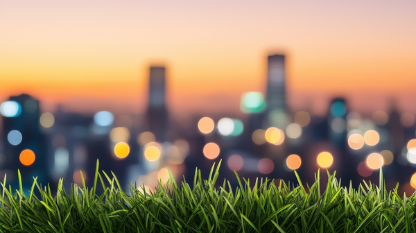 AI photo of grass with blurred city skyline in background