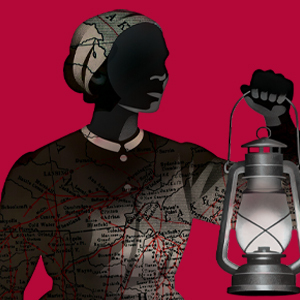 image of Harriet Tubman holding a lantern against a red background