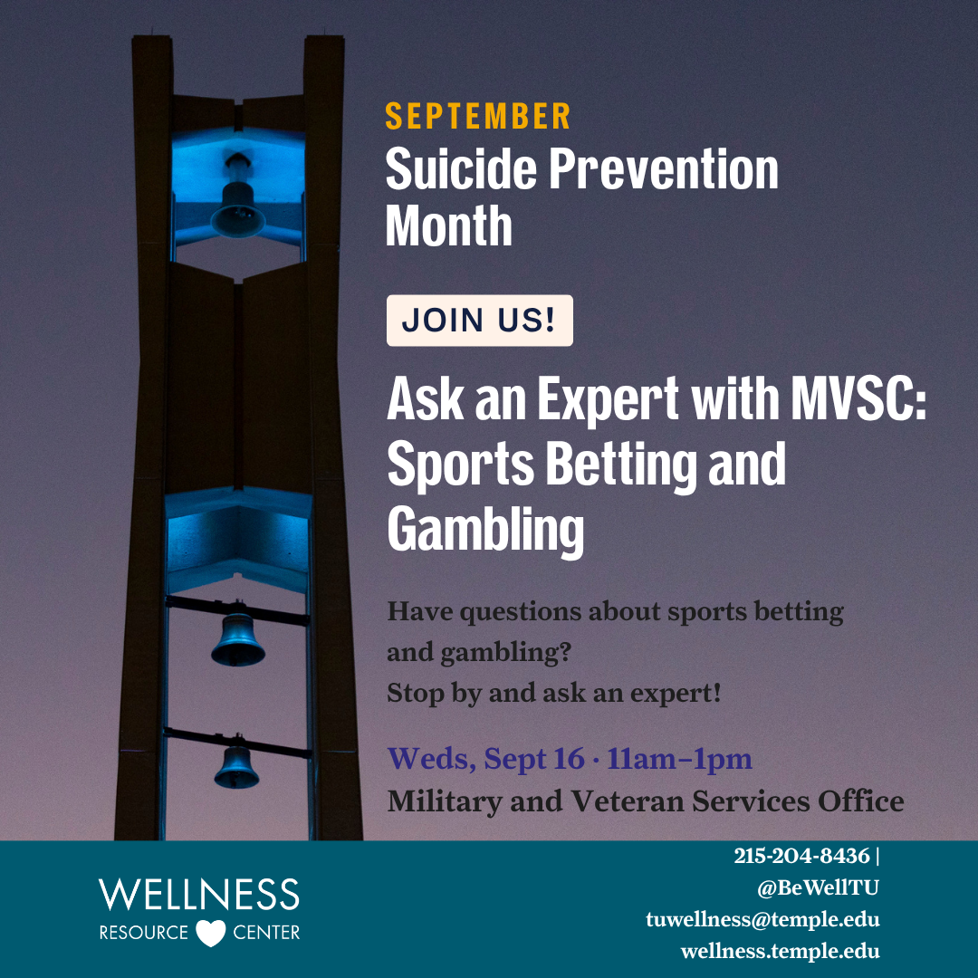Temple's bell tower illuminated with blue lights. text details event information.