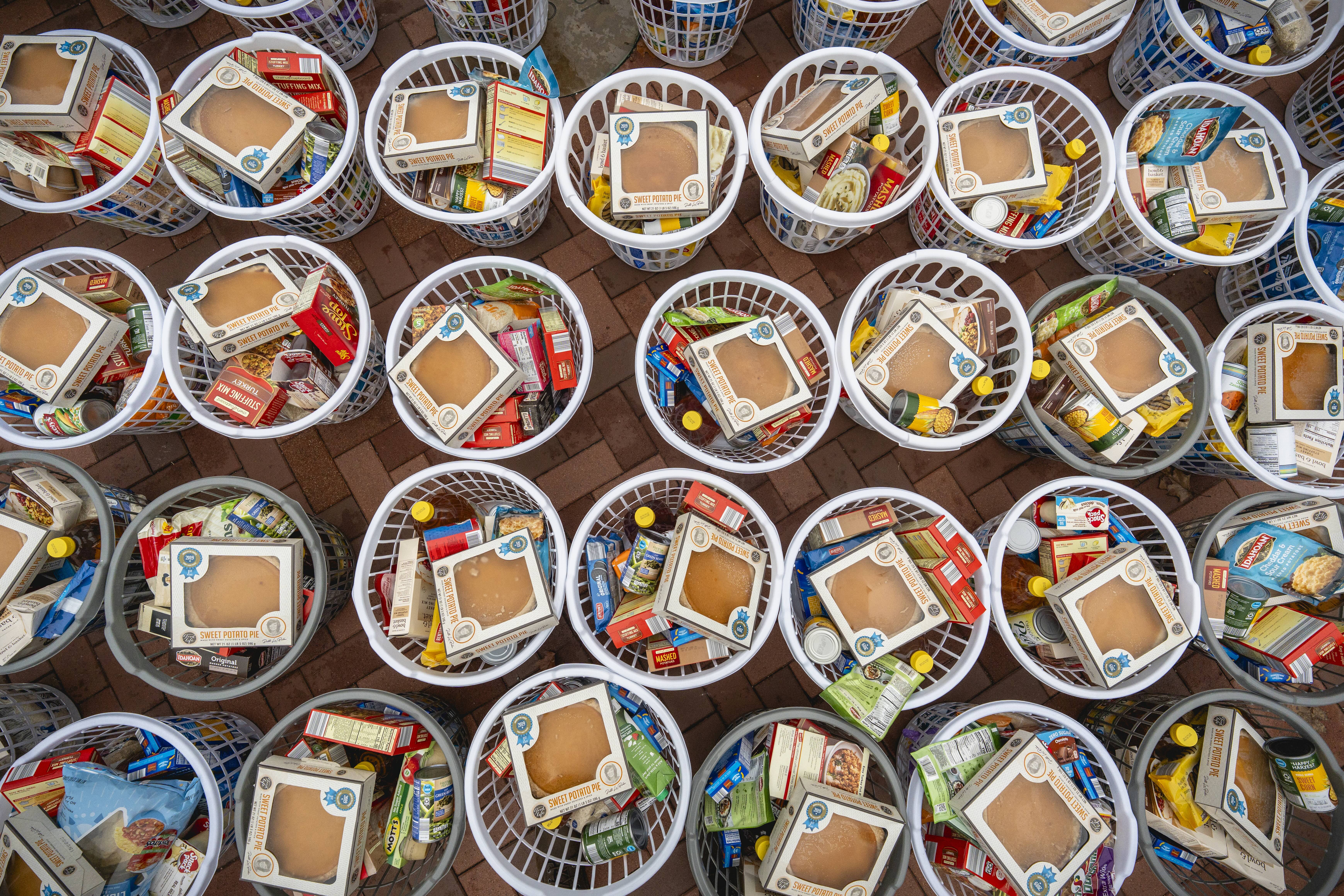 Baskets of food prepared for CPH's Thanksgiving Food Drive.