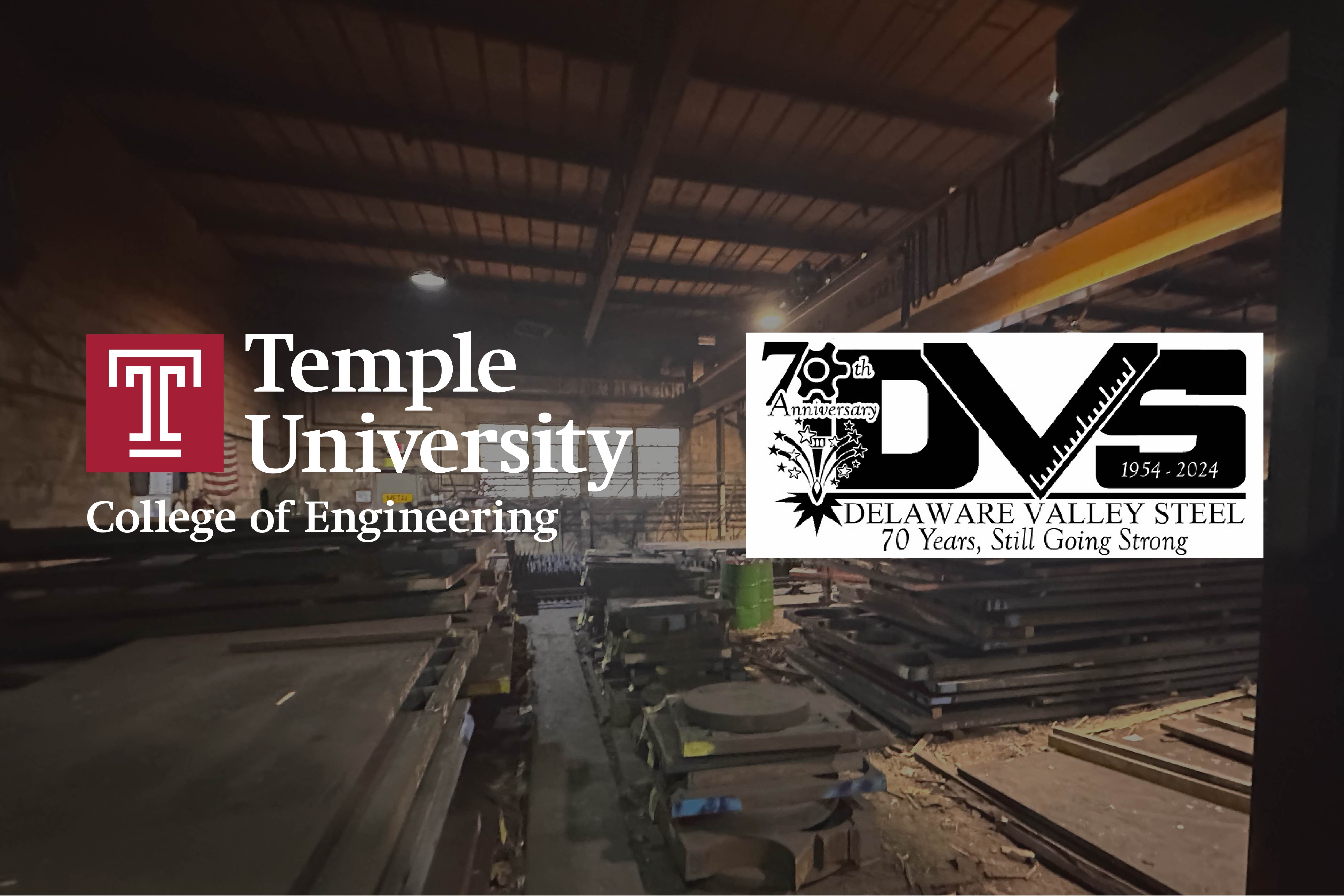 A background image of a warehouse with the Temple University College of Engineering logo and Delaware Valley Steel logo.