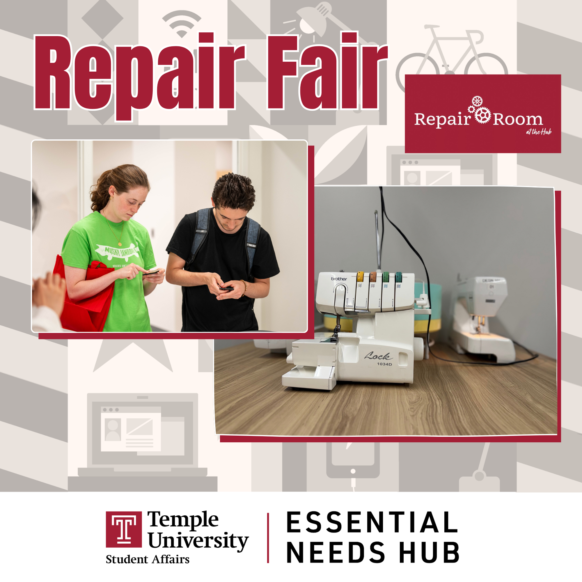 Repair Fair in the Repair Room at the Hub. Temple University Student Affairs and the Essential Needs Hub