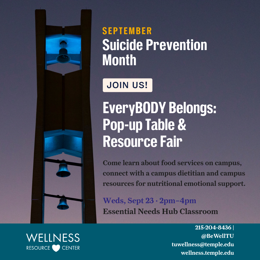 Temple's bell tower illuminated with blue lights. text details event information.