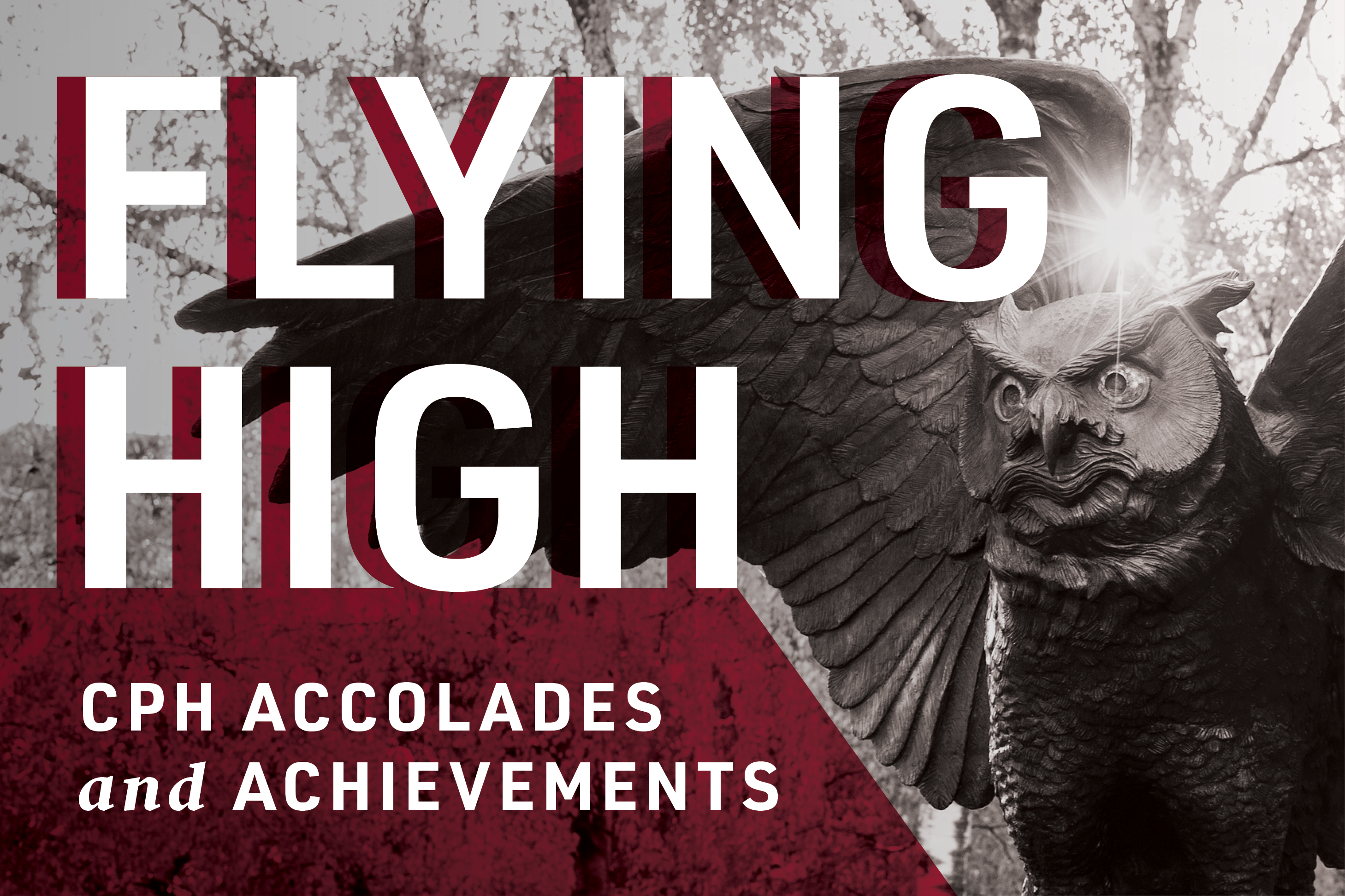 Black and white photo of Temple owl statue "Flying High" with typography in the foreground: CPH Accolades and Achievements.