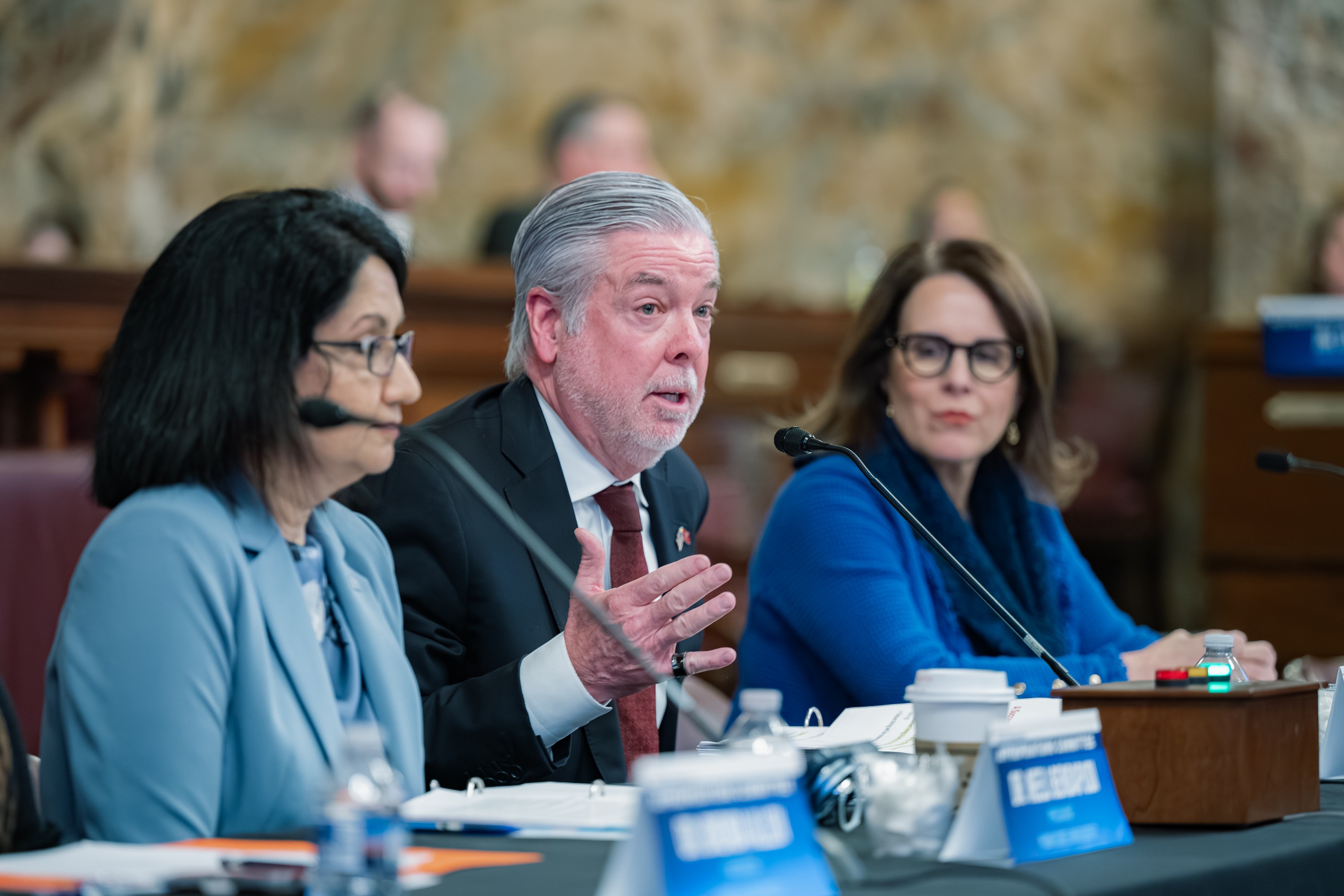 President Fry pictured testifying with Penn State's president and Pitt's Chancellor.