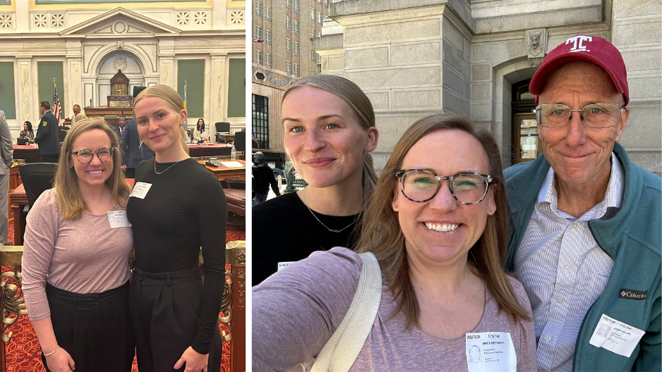Madison Kerney, Erica Breitbarth, and Joe Willard outside Philadelphia City Hall.