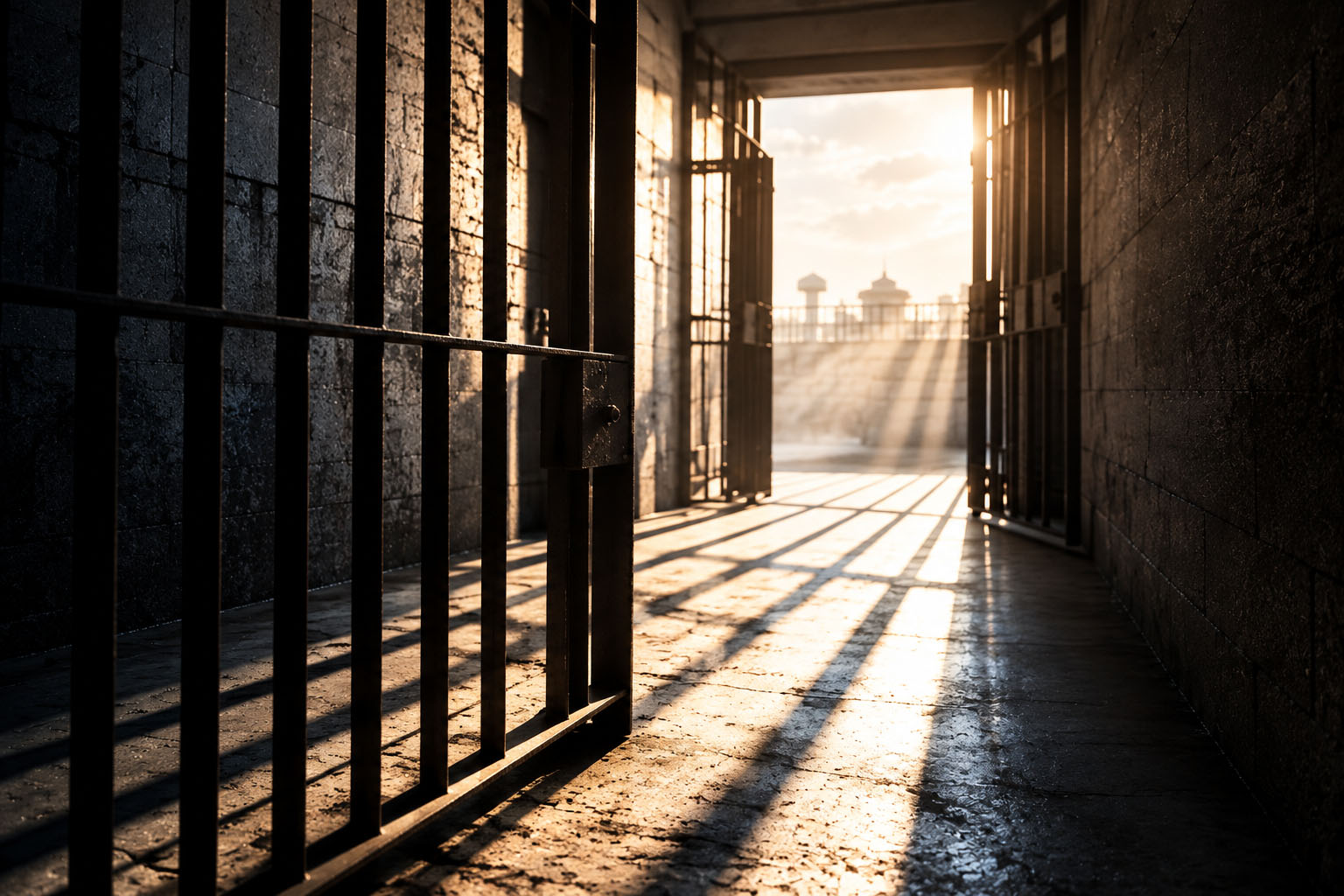 Image of jail cell with the sun coming through the door casting a shadow of the bars on the floor