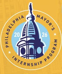 image of city hall in blue over a yellow background with the words Mayor’s Internship Program written in blue
