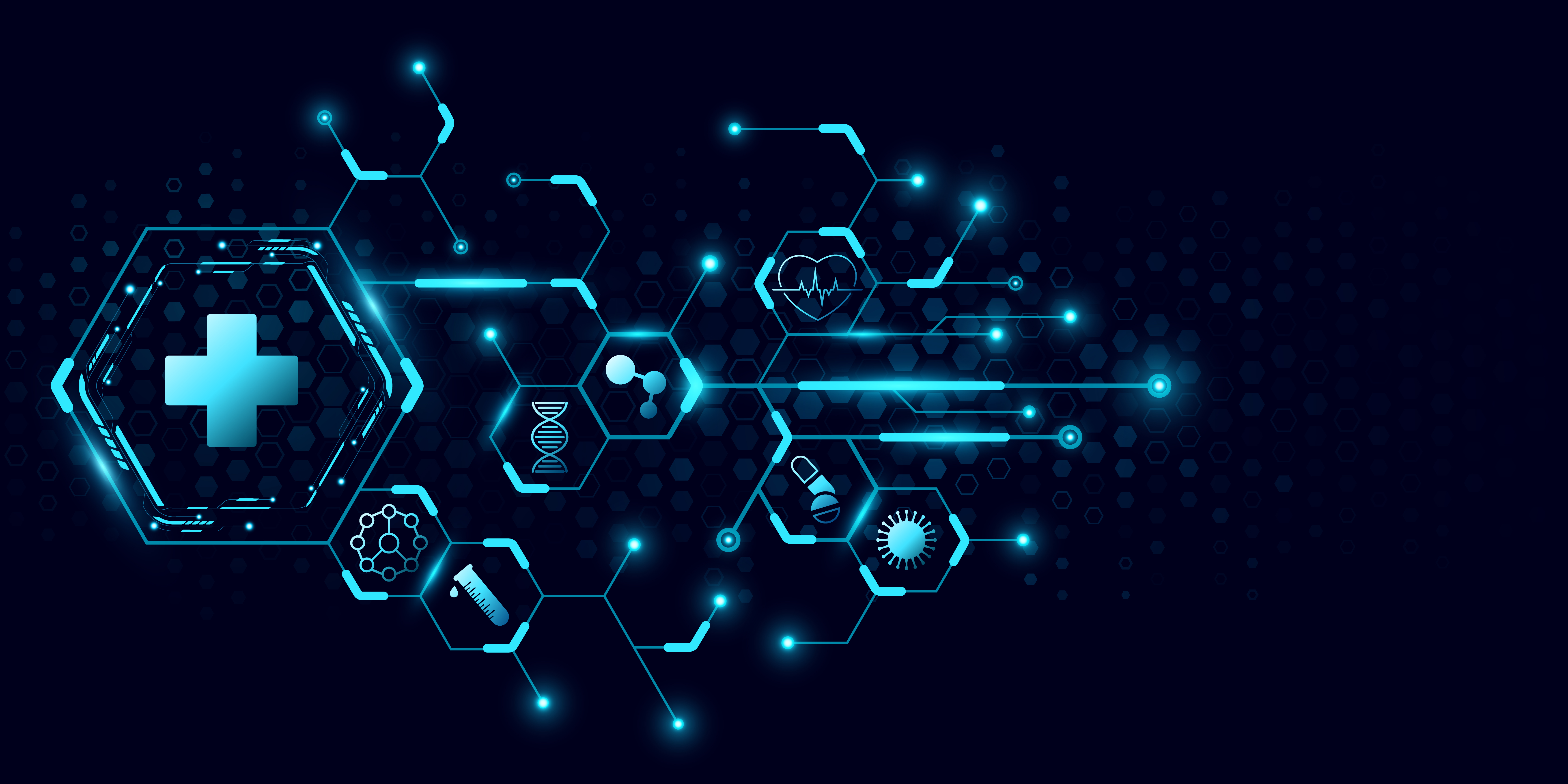 Light blue healthcare images on a black background
