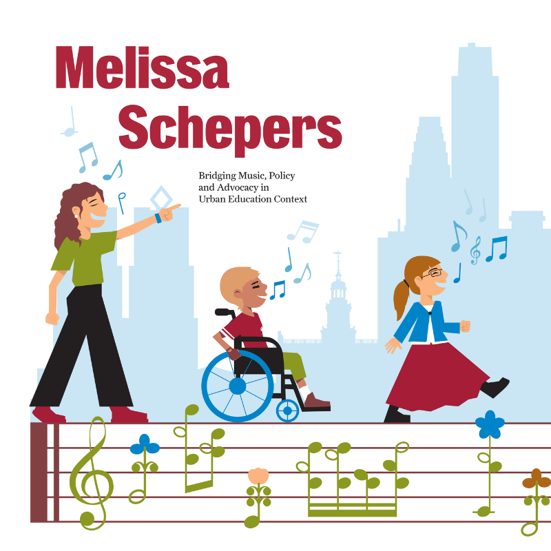 Illustration of a music teacher and her student over Philadelphia skyline