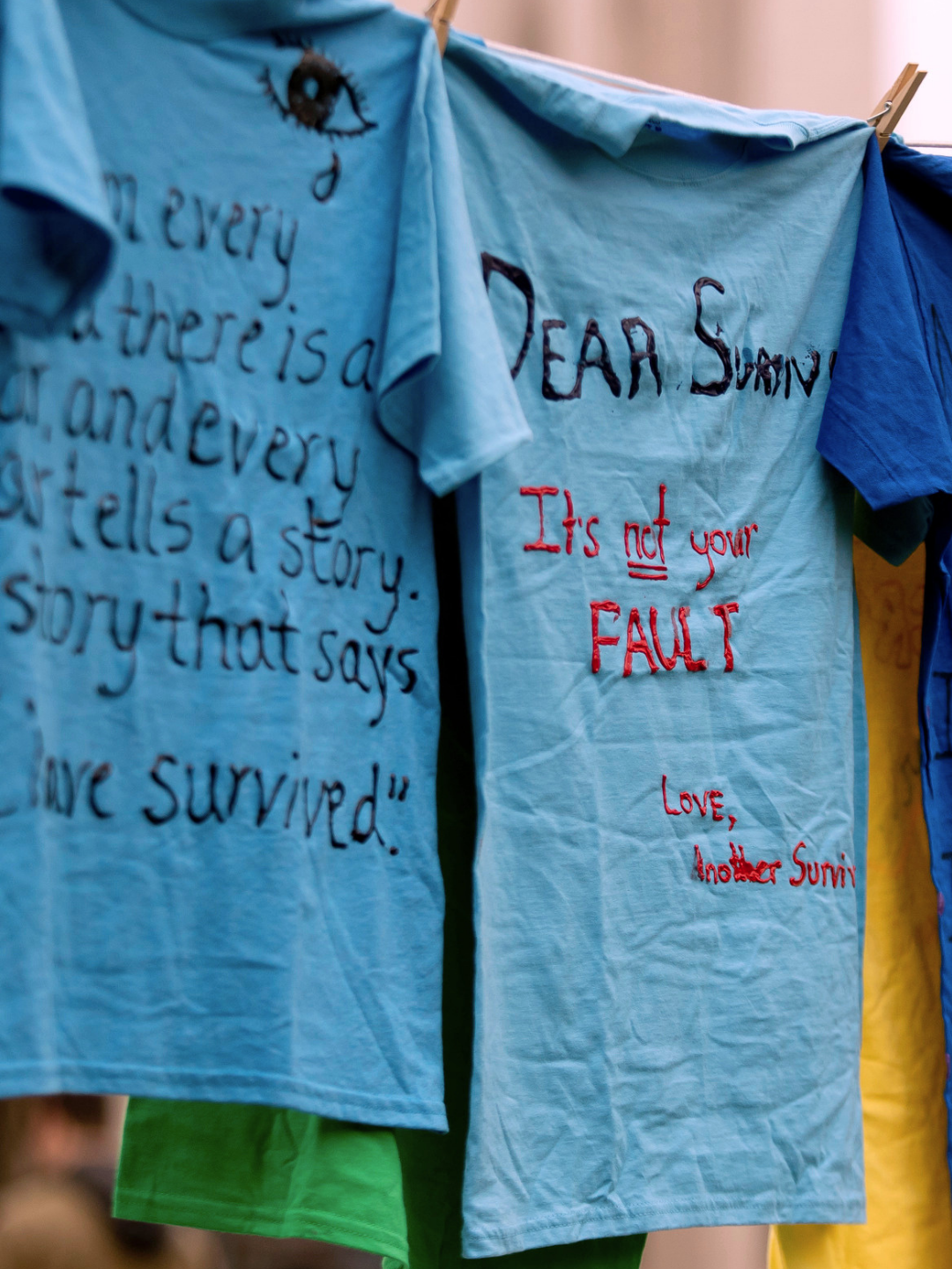 Clothesline Project shirts with messages from Temple students to survivors of harm.