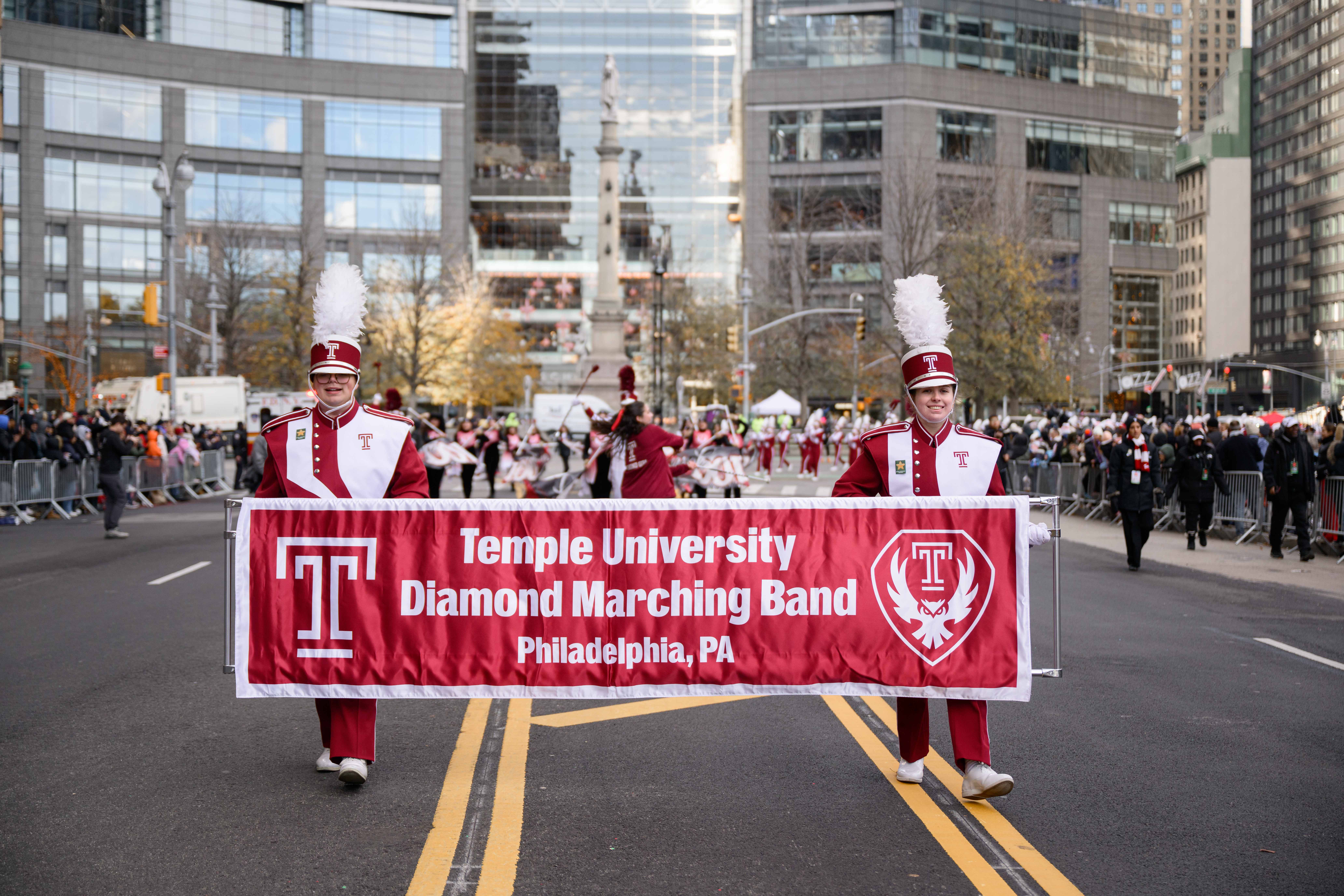 The Temple Diamond Marching Band marches during the Macy&#039;s Thanksgiving Day Parade.