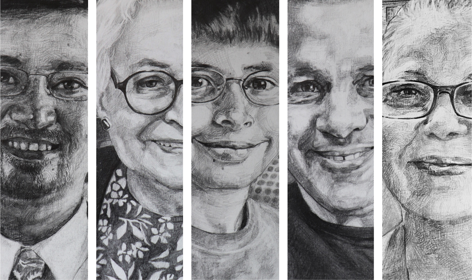 a cropped selection of the black and white illustrated portraits in the exhibition.