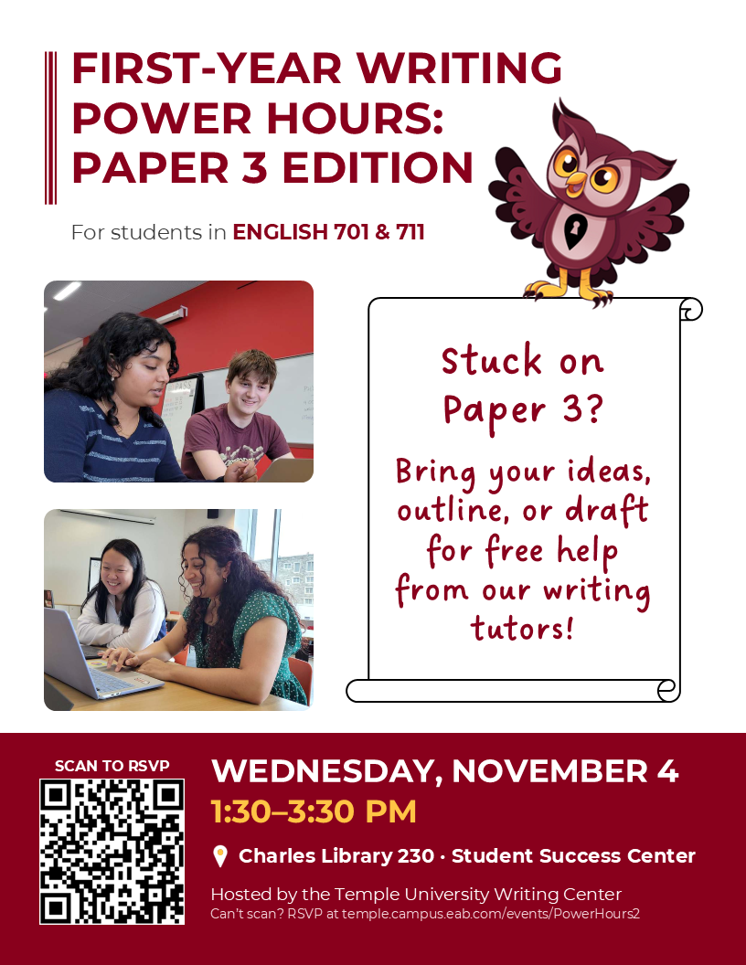 a flyer advertising the event with photos of students and our owl mascot Flap Stanley