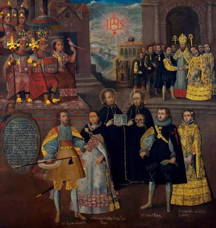 Historical painting depicting a ceremonial gathering with religious figures, nobles, and seated rulers in an architectural setting, with multiple people arranged around a central group.
