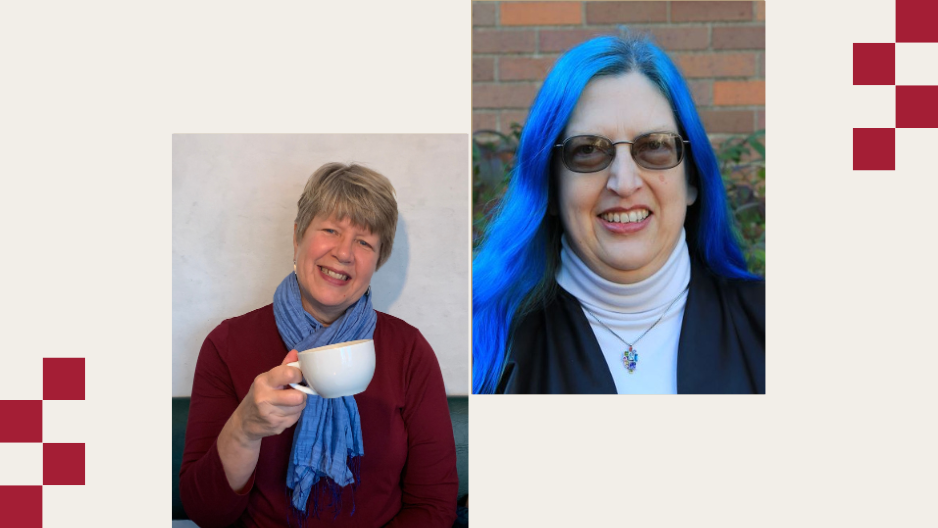 Carol Brandt poses for a photo holding a coffee mug; Cathy Fiorello poses for a tight headshot