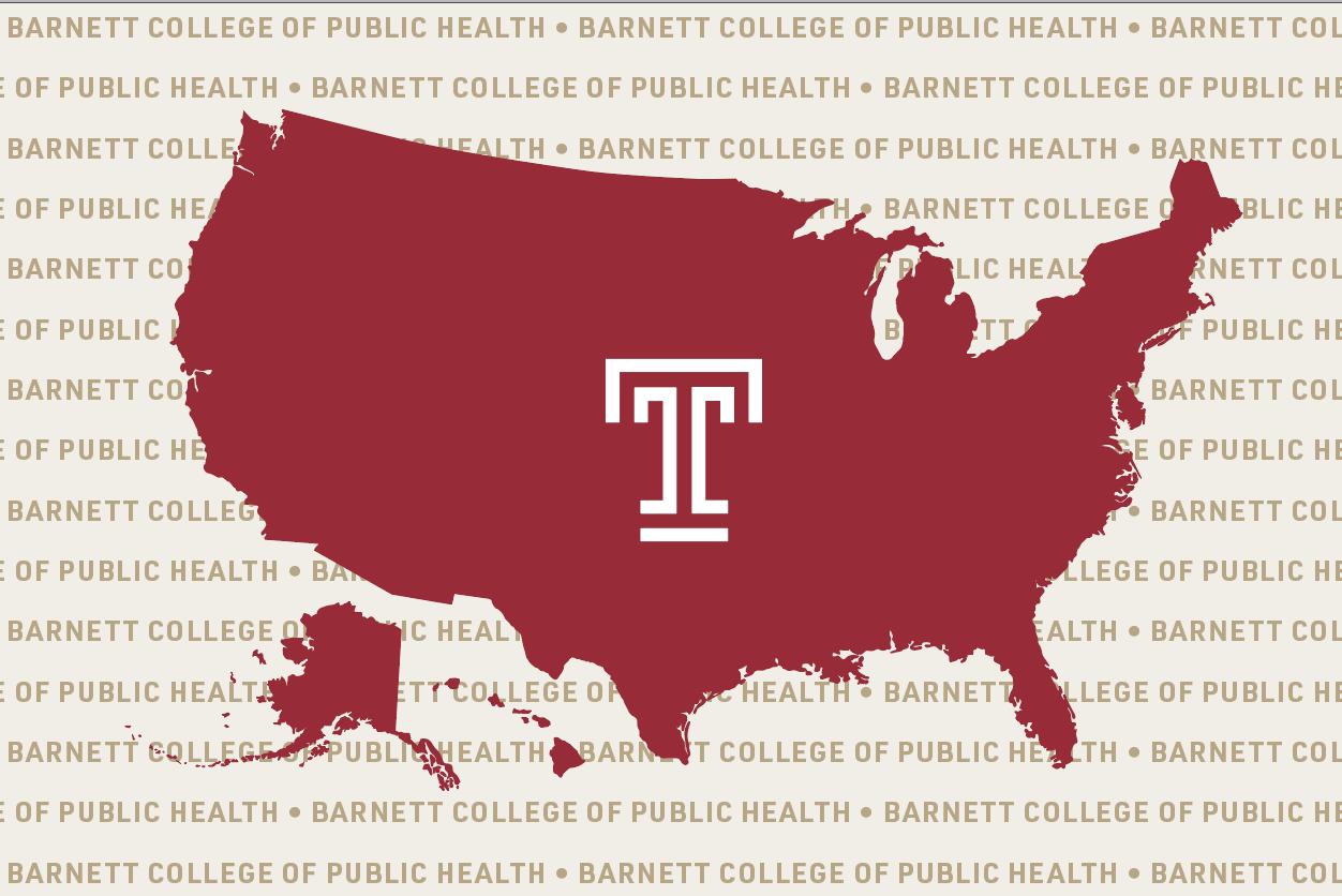 Silhouette of the United States colored in red with a Temple T in the center.