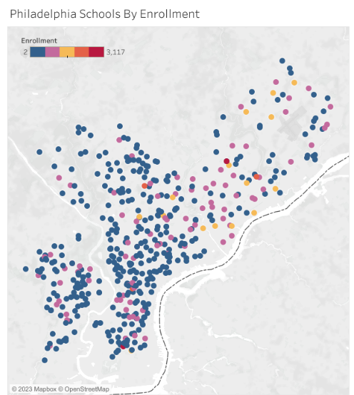 A map of schools in Philadelphia, Pennsylvania color-coded by enrollment numbers. 