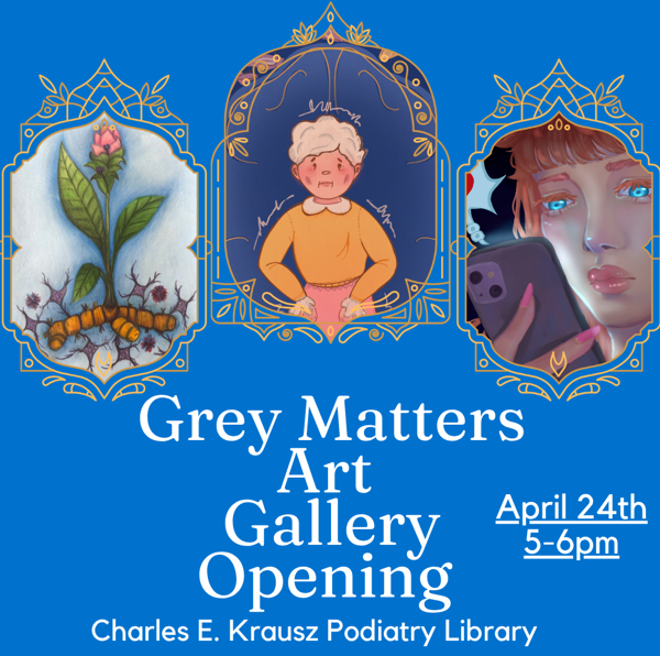 Grey Matters Art Gallery opening advertisement featuring student artwork