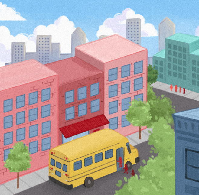 Illustration of school transportation in urban area