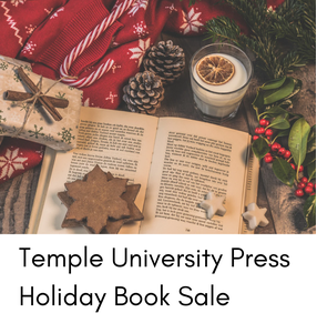 A festive winter scene featuring an open book near a candy cane and a wrapped gift, with this text below: Temple University Press Holiday Book Sale. 