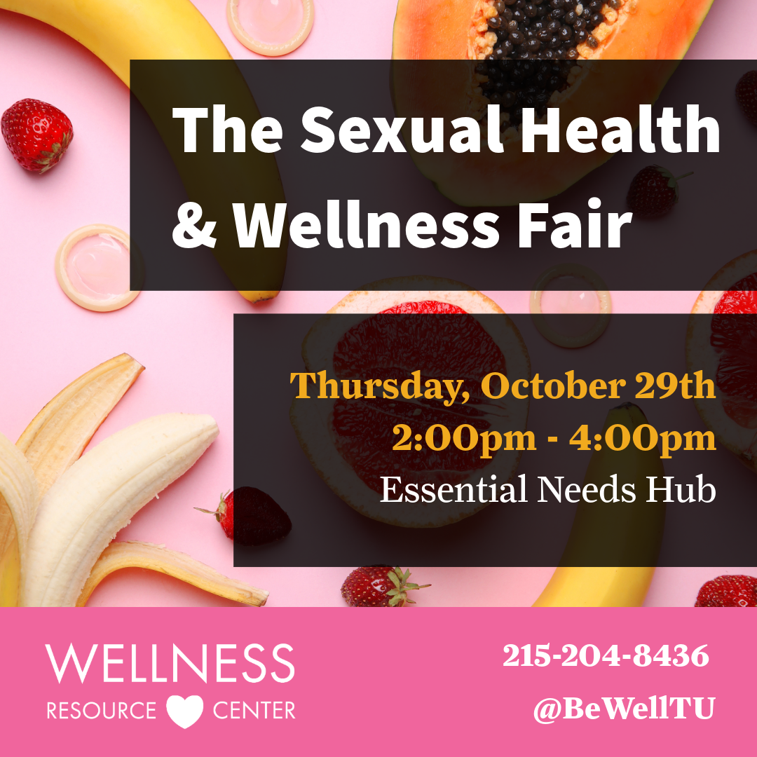 Fruits and safer sex supplies on a pink tabletop with event information text overlayed