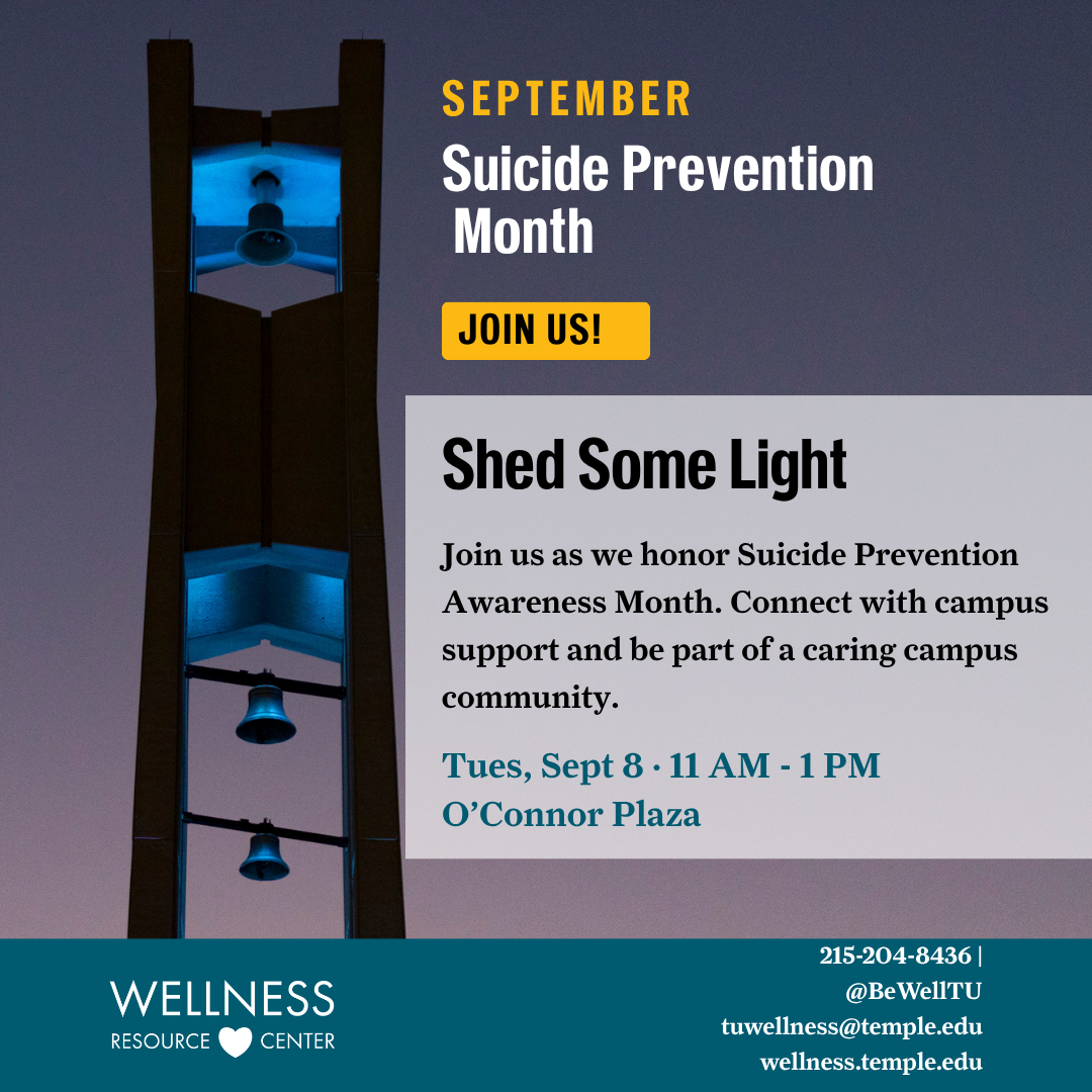 Temple's bell tower illuminated with blue lights. text details event information.