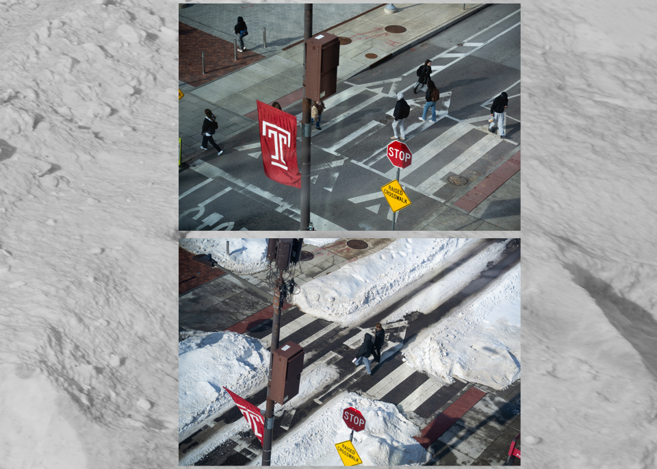 Overhead images of a campus intersection before and after the snow.