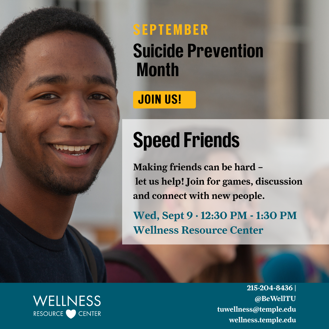 College-aged person smiling at the camera. Event details on the right side of the image.