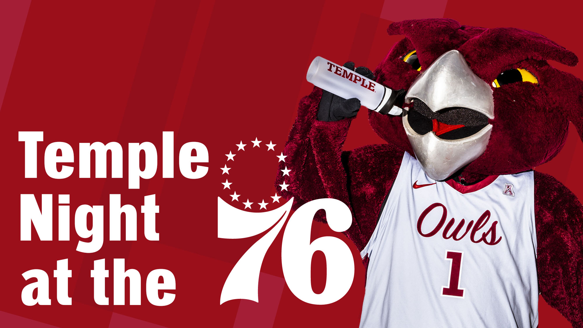 Hooter the Owl and text: "Temple Night at the 76ers"