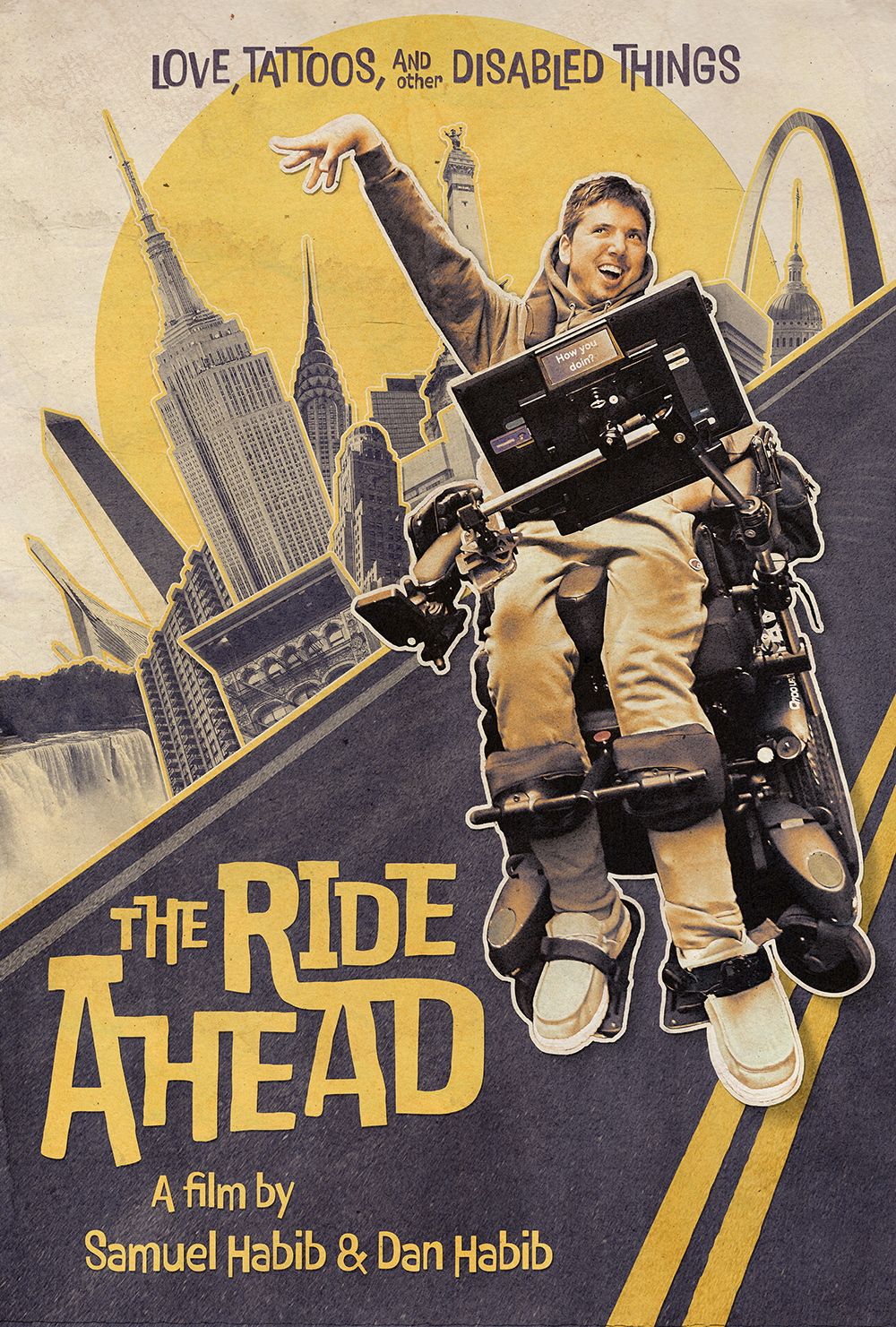 Movie poster for the event depicting a photo collage of Samuel Habib smiling and gesturing with his hand in the air, using a wheelchair and a communication device, with iconic U.S. landmarks in the background.