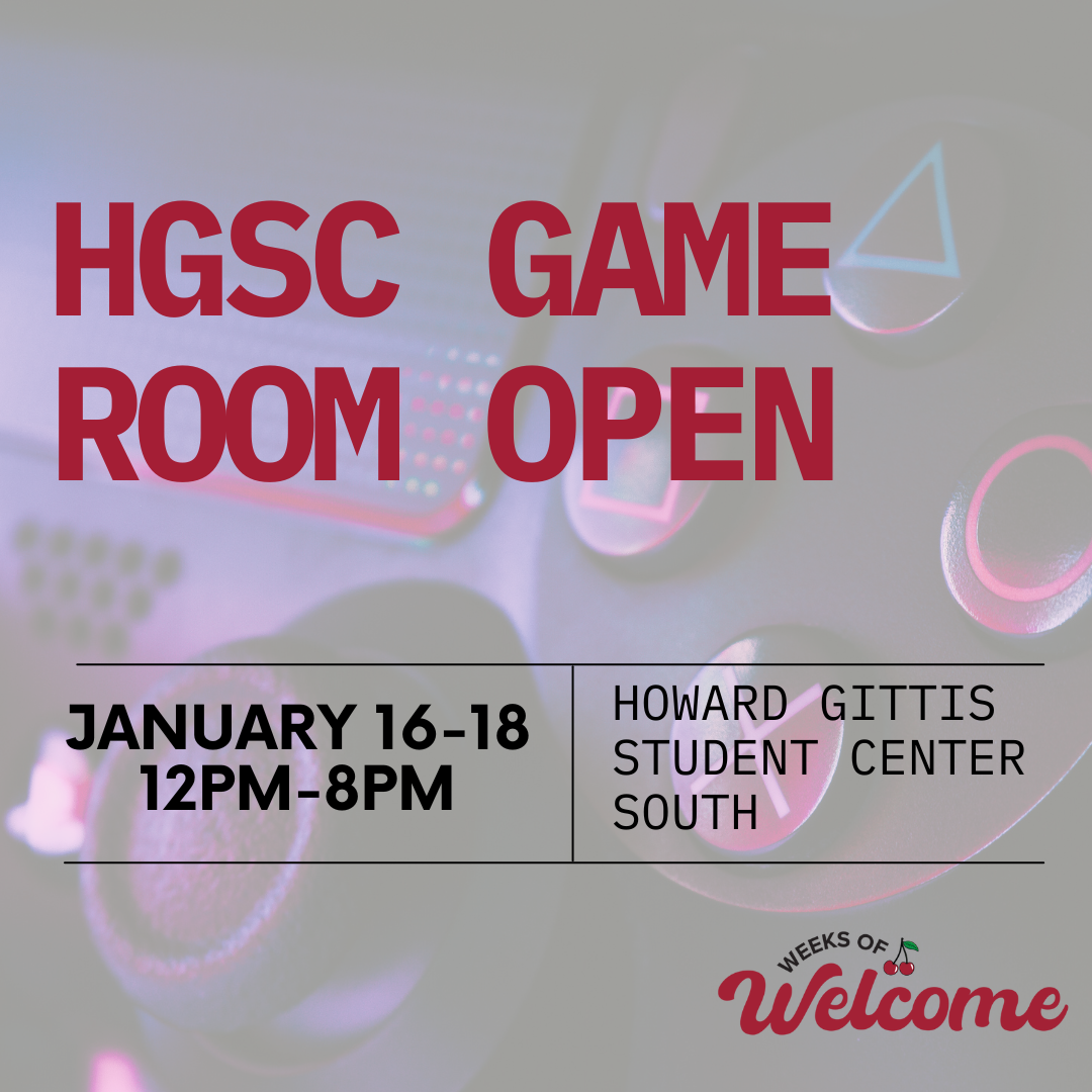 Photo shows the information for special HGSC Game Room hours opening weekend January 16th-18th 12pm-8pm.