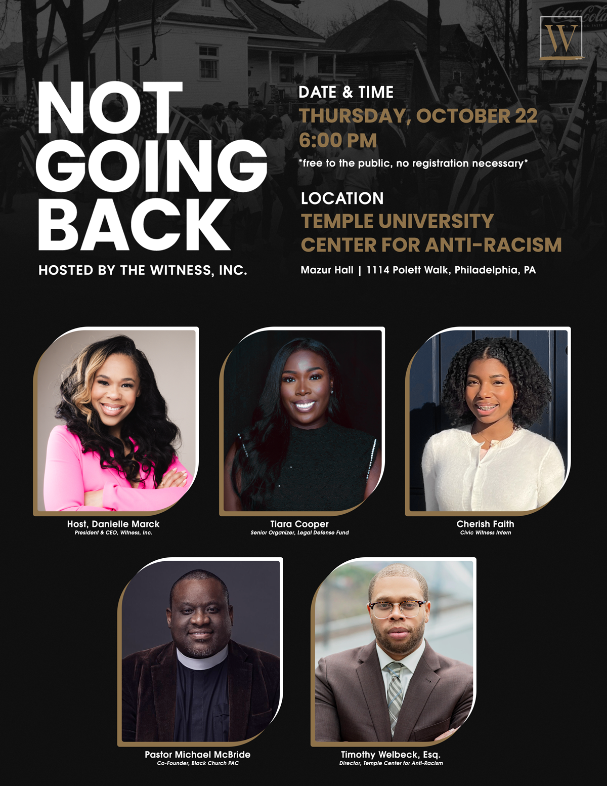 graphic for event by CFAR and The Witness, Inc. called Not Going Back, featuring 5 panelists