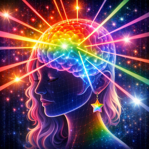 Femme in a galaxy with colorful brain waves and stars.