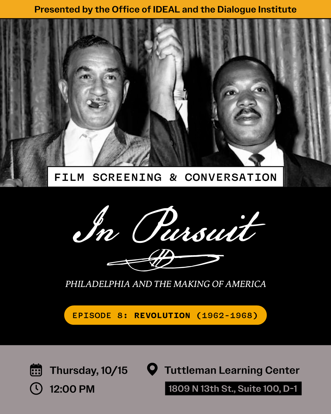 flyer for the event In Pursuit: Philadelphia and the Making of America