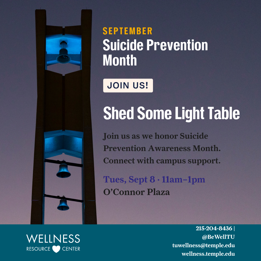 Temple's bell tower illuminated with blue lights. text details event information.