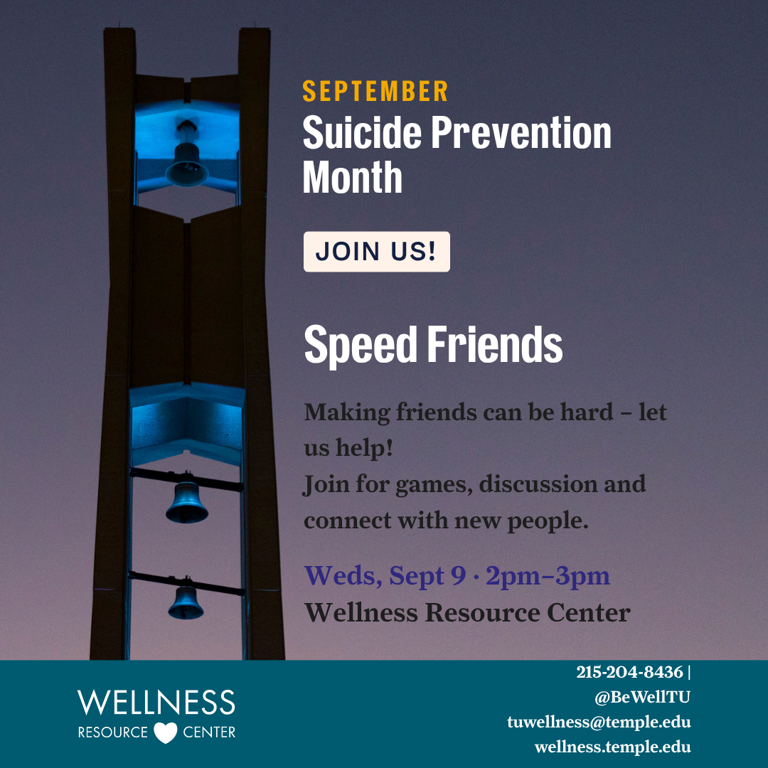 Temple's bell tower illuminated with blue lights. text details event information.