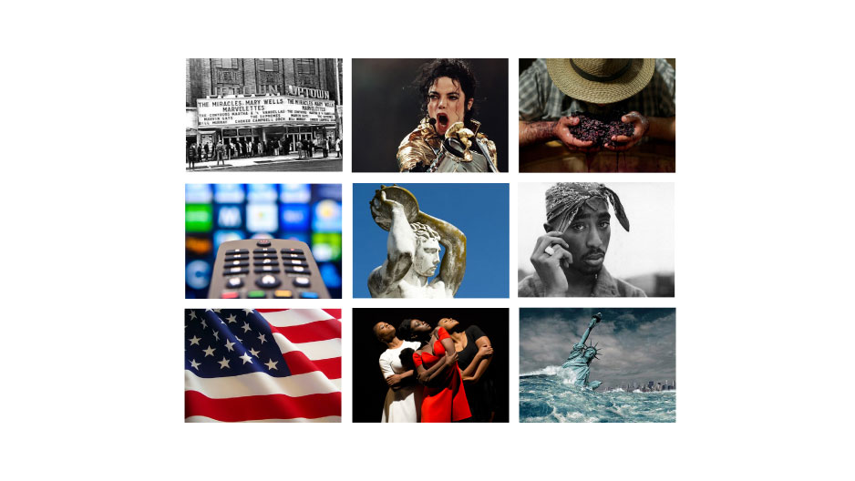 An animated GIF of several images, such as Tupac, Michael Jackson and the American flag, to illustrate various classes.