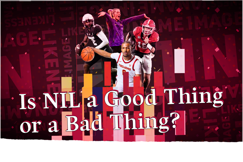 Graphic featuring Shedeur Sanders, Livvy Dunne, Carson Beck and Bronny James.