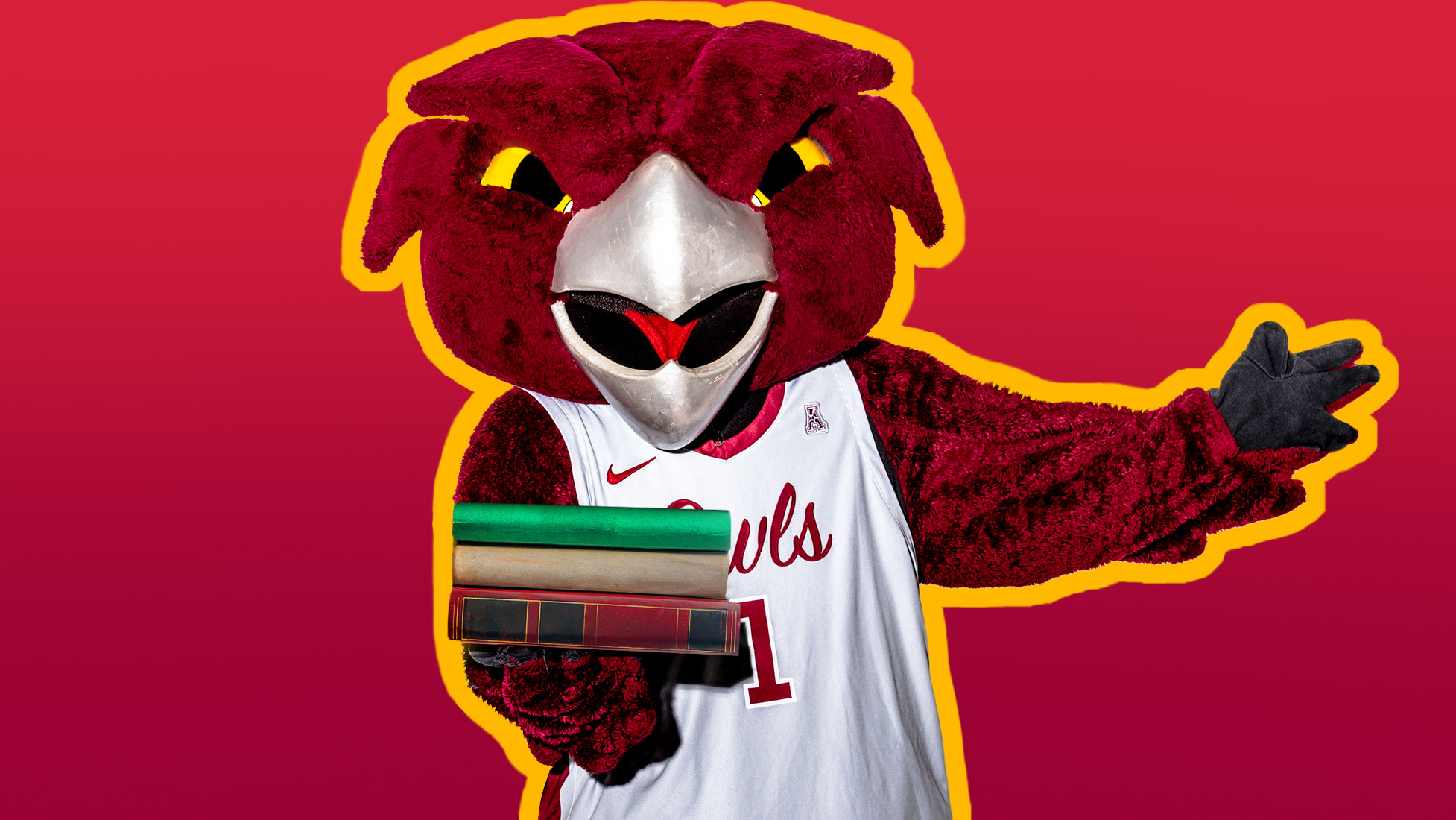 Hooter holding a stack of books
