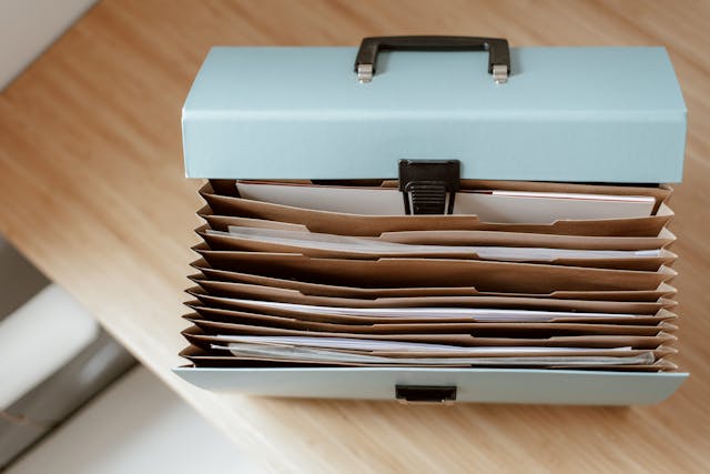 Briefcase for documents placed on table