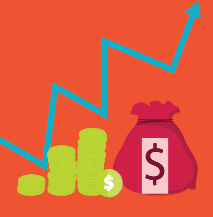 Cartoon image of a money bag and stacks of coins with a background of a graph