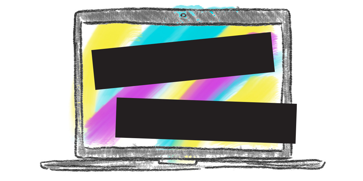 A graphic of a laptop with text blacked out
