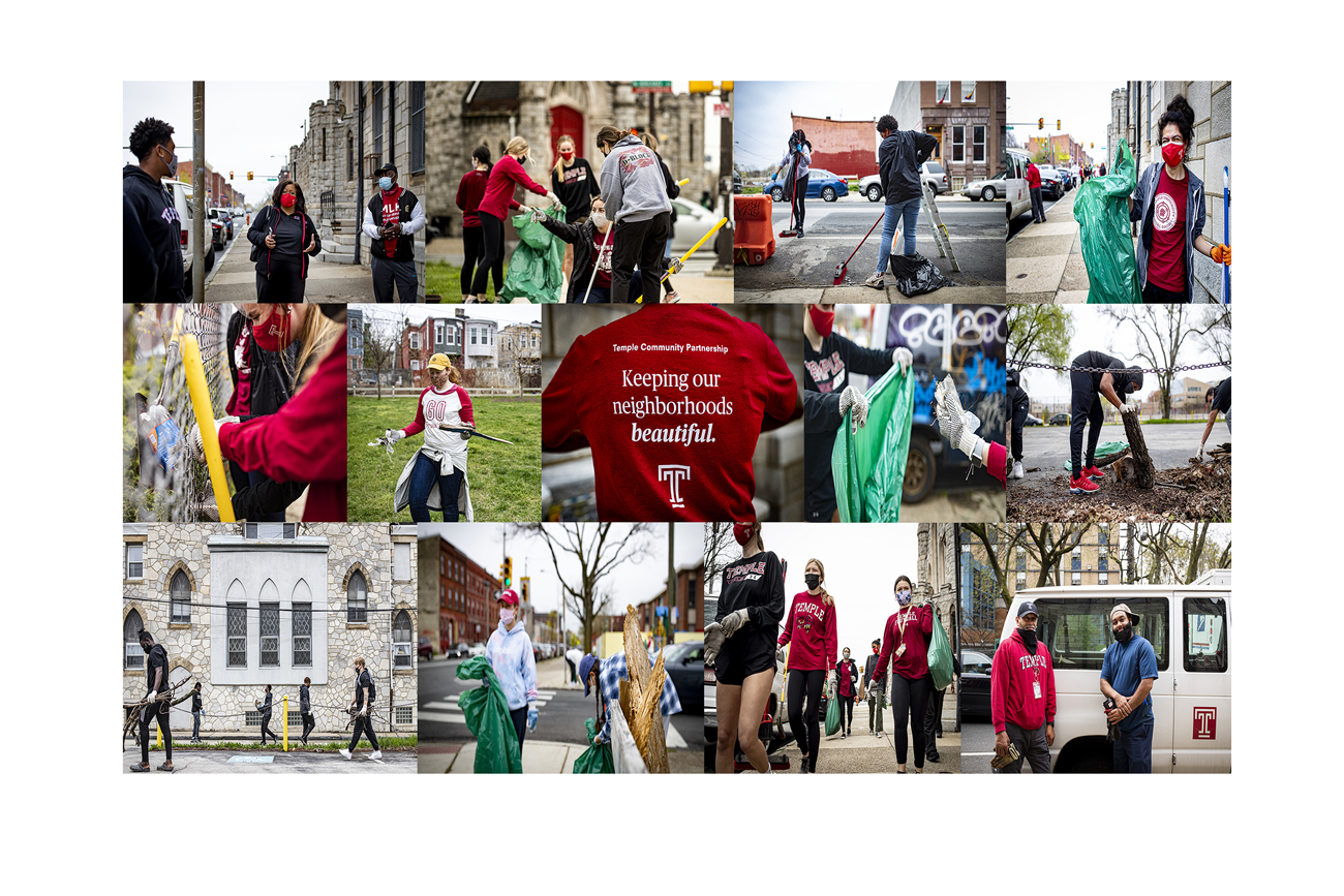 Temple students sweeping streets and collecting litter in North Philadelphia.