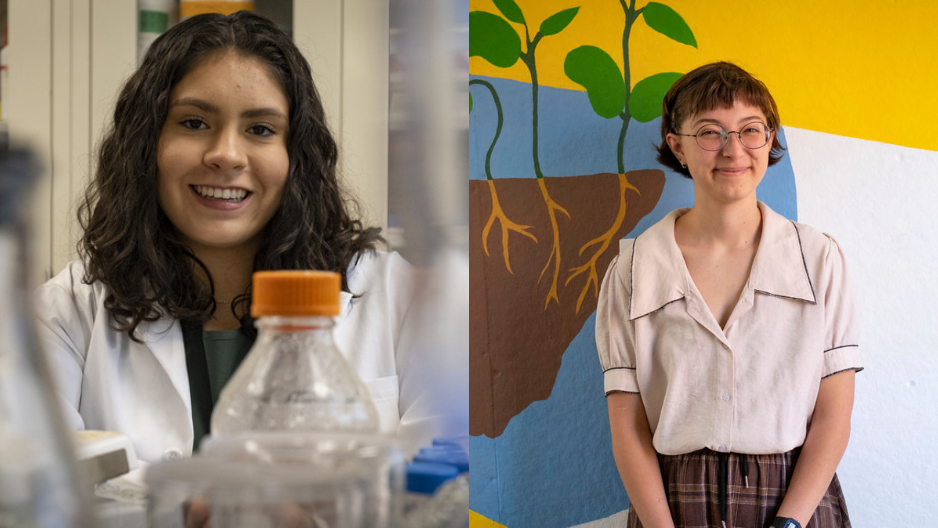 Diana Tiburcio in a lab and Nala Hamilton in a community garden